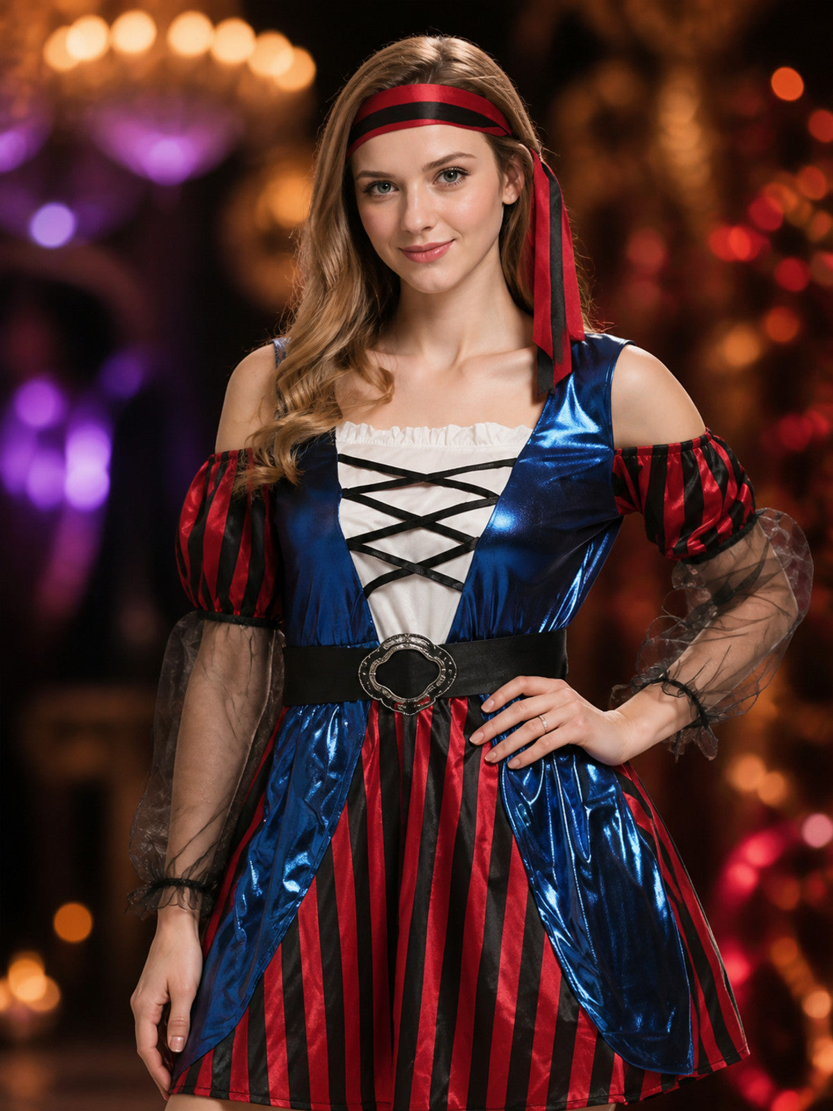 Women's Pirate Costume Set With Red Black Striped Dress, White Cross Straps on-model view