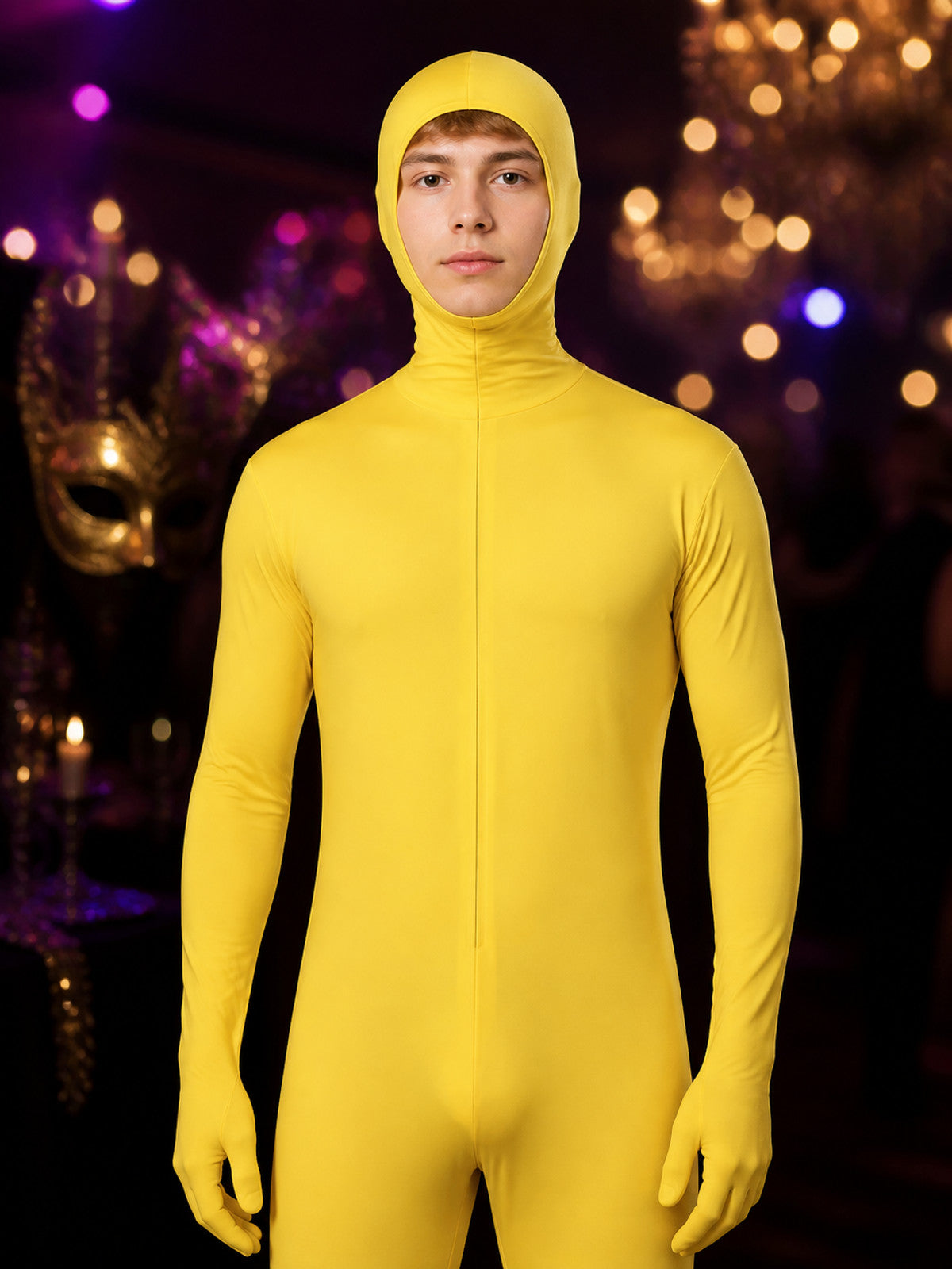 Yellow Hooded Full-Body Jumpsuit Costume With Attached Gloves And Feet on-model view