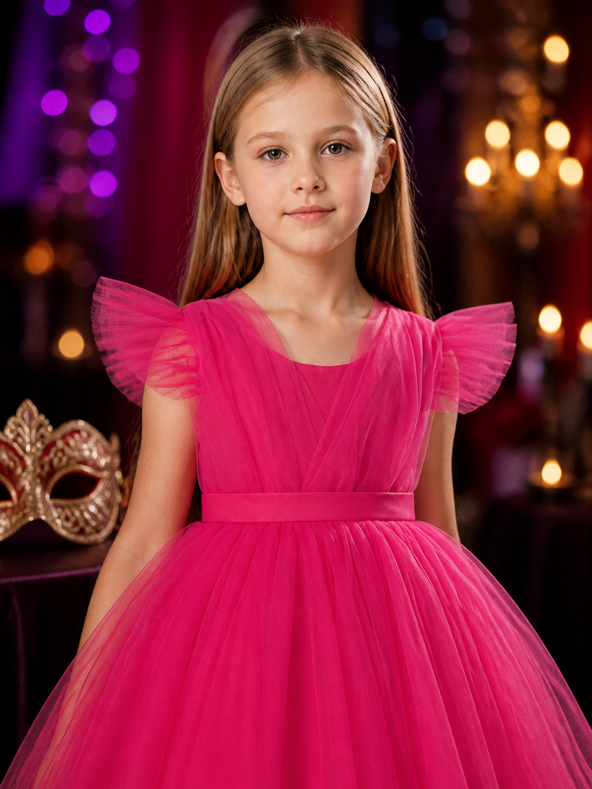 Baby Girls' Pink Princess Dress, Ruffled Sleeves and Layered Tulle Skirt on-model view