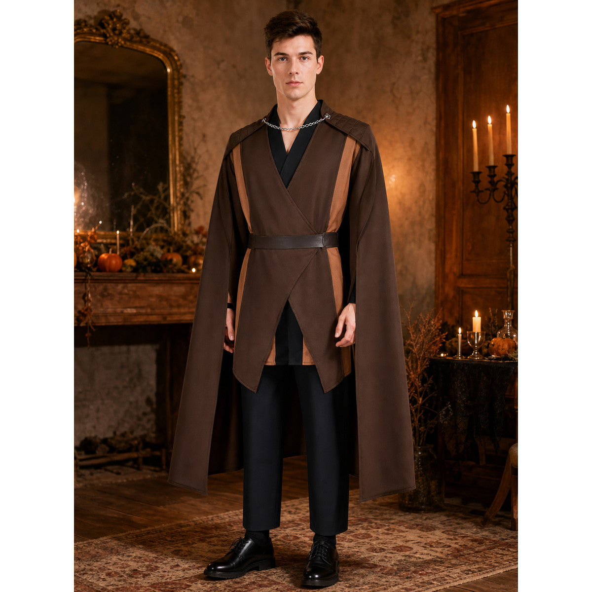 Medieval Character Cosplay Costume Set, 4-Piece Brown Cape, Black Inner Garment, Belt And Pants, Role Play Stage Outfit