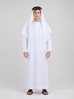 Men's Traditional Muslim Robe Outfit, Full-Length White Robe with Draped Head Covering and Black Headband