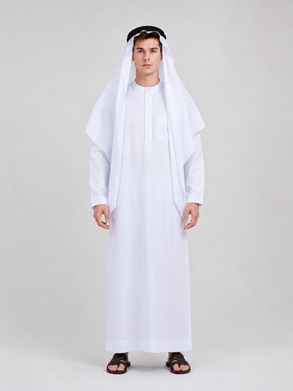White full-length robe in smooth fabric with a draped head covering and black headband, shown full-body on a model with black sandals