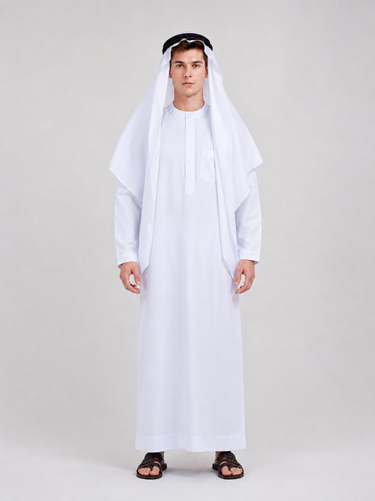 White full-length robe in smooth fabric with a draped head covering and black headband, shown full-body on a model with black sandals