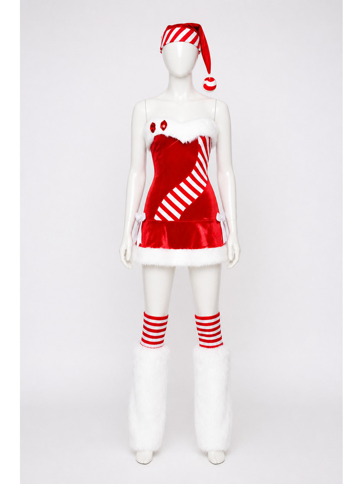 Christmas Costume with White Fuzzy Trim and Red-and-White Stripes main product view