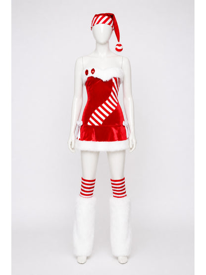 Christmas Costume with White Fuzzy Trim and Red-and-White Stripes main product view