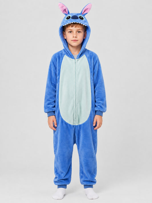 Insulated Hooded Pajama Jumpsuit with Ears, Blue
