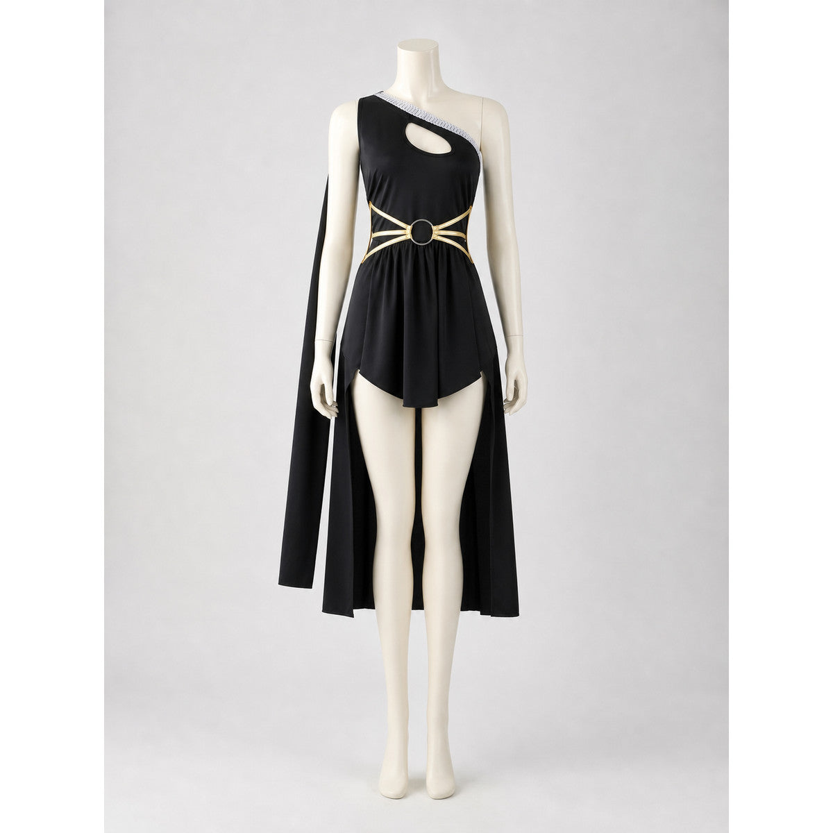 Stage costume with cape and gold-colored embellishments
