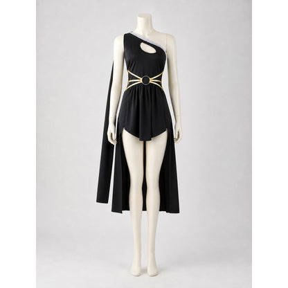 Stage costume with cape and gold-colored embellishments