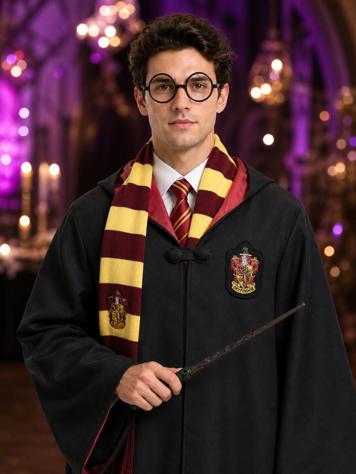 Gryffindor Wizard Costume Set, Hooded Robe With Scarf, Tie, Wand And Glasses on-model view