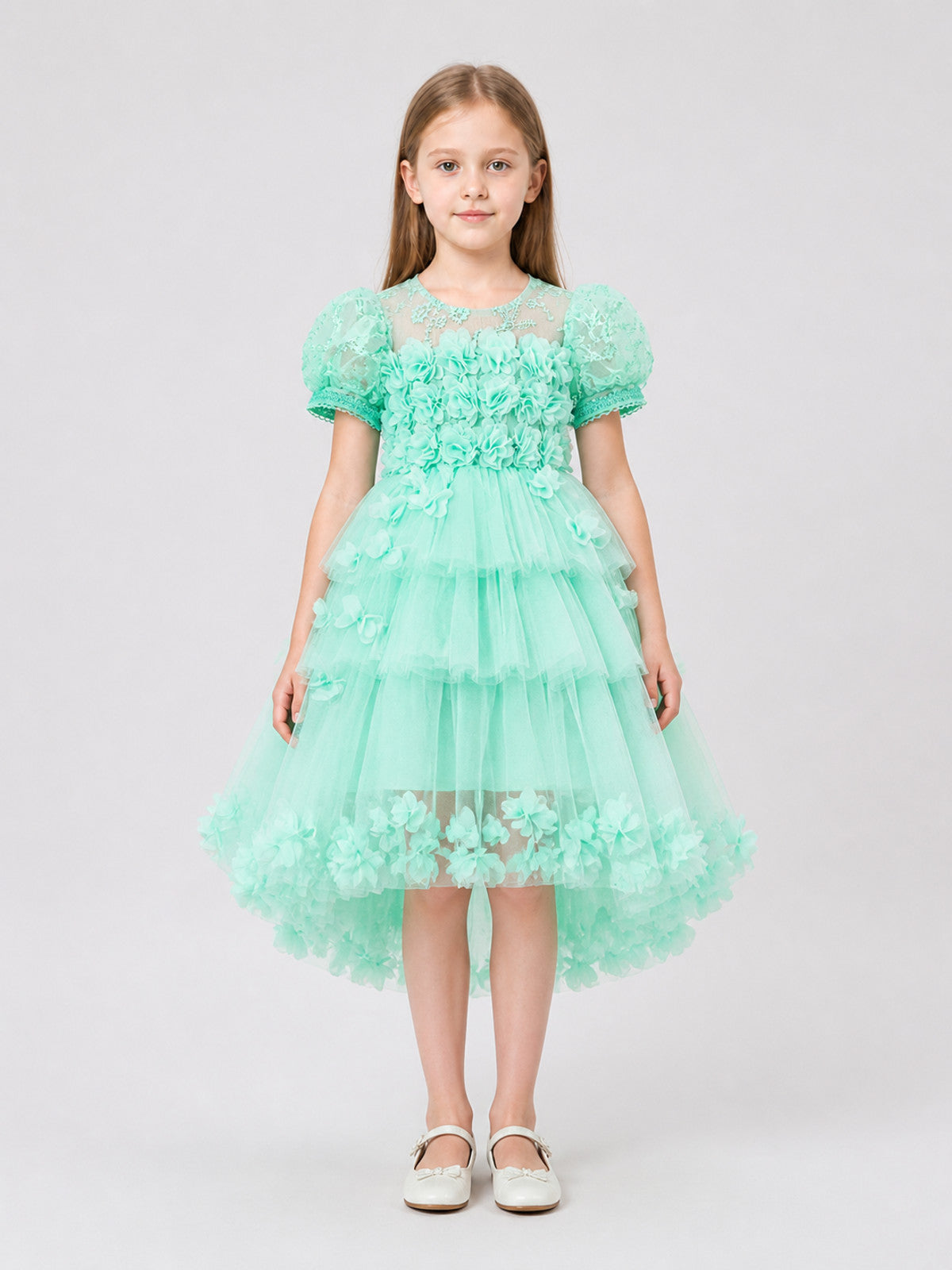 Dressy Children's Tulle Dress with Flowers and Full Skirt on-model view