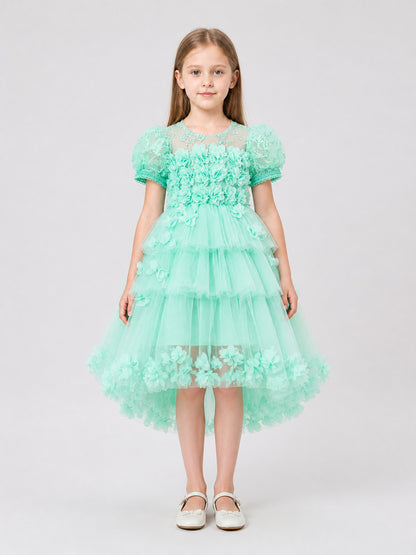 Dressy Children's Tulle Dress with Flowers and Full Skirt on-model view