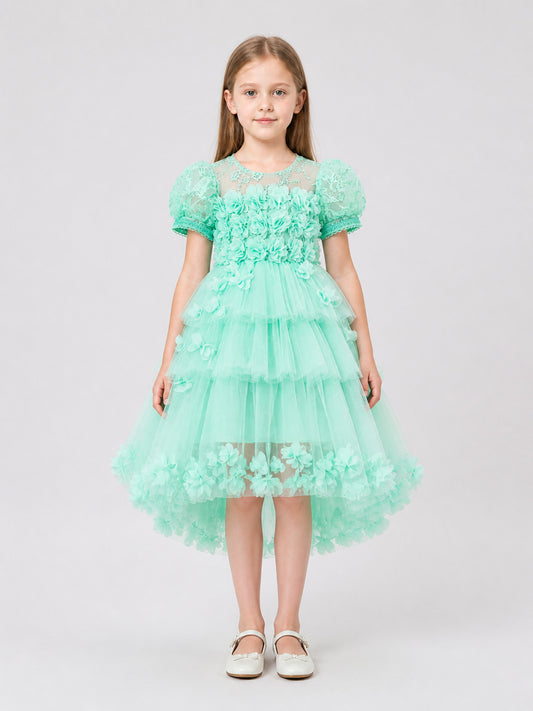 Dressy Children's Tulle Dress with Flowers and Full Skirt on-model view