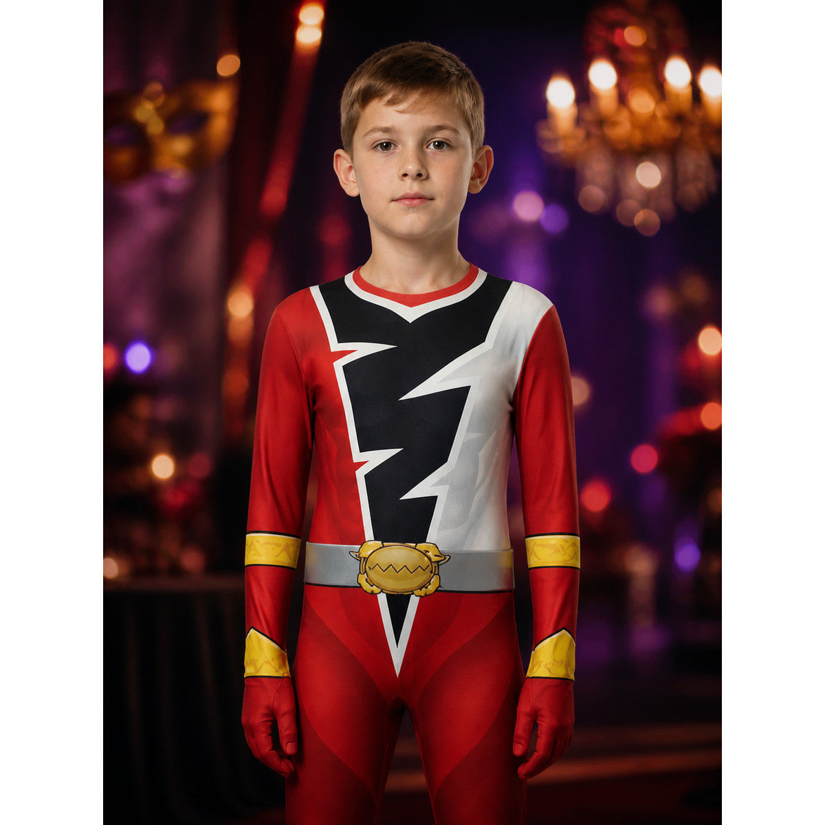 Red Ranger Cosplay Bodysuit Costume with Mask for Halloween, Kids & Adults on-model view