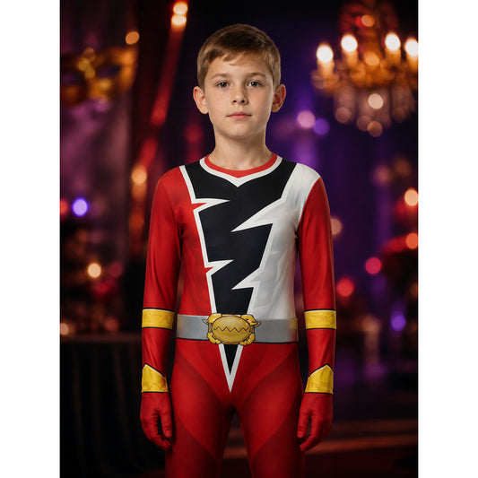 Red Ranger Cosplay Bodysuit Costume with Mask for Halloween, Kids & Adults on-model view