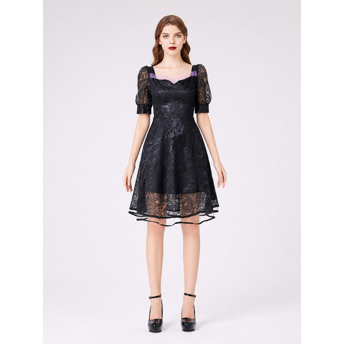 Gothic Lace Dress with Purple Trim front view