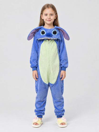 Blue one-piece pajama with hood and cartoon face