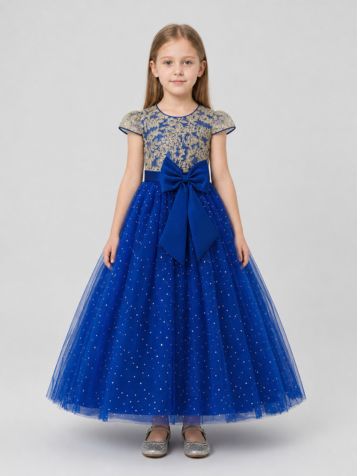Festive Blue Princess Dress with Lace and Bow on-model view