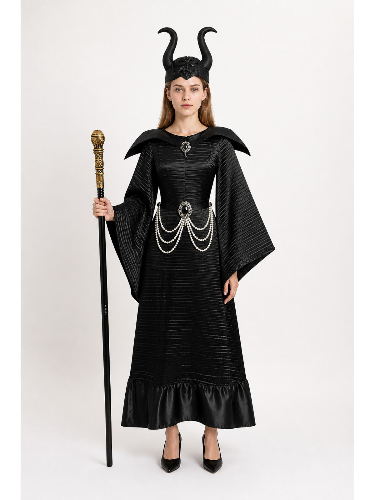 Black Halloween witch costume with crown and wand main product view