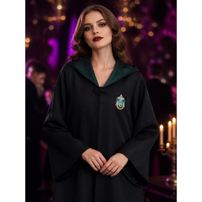 Kids Wizard Robe Set with Crest, Dark Green Hood & Striped Tie, Halloween