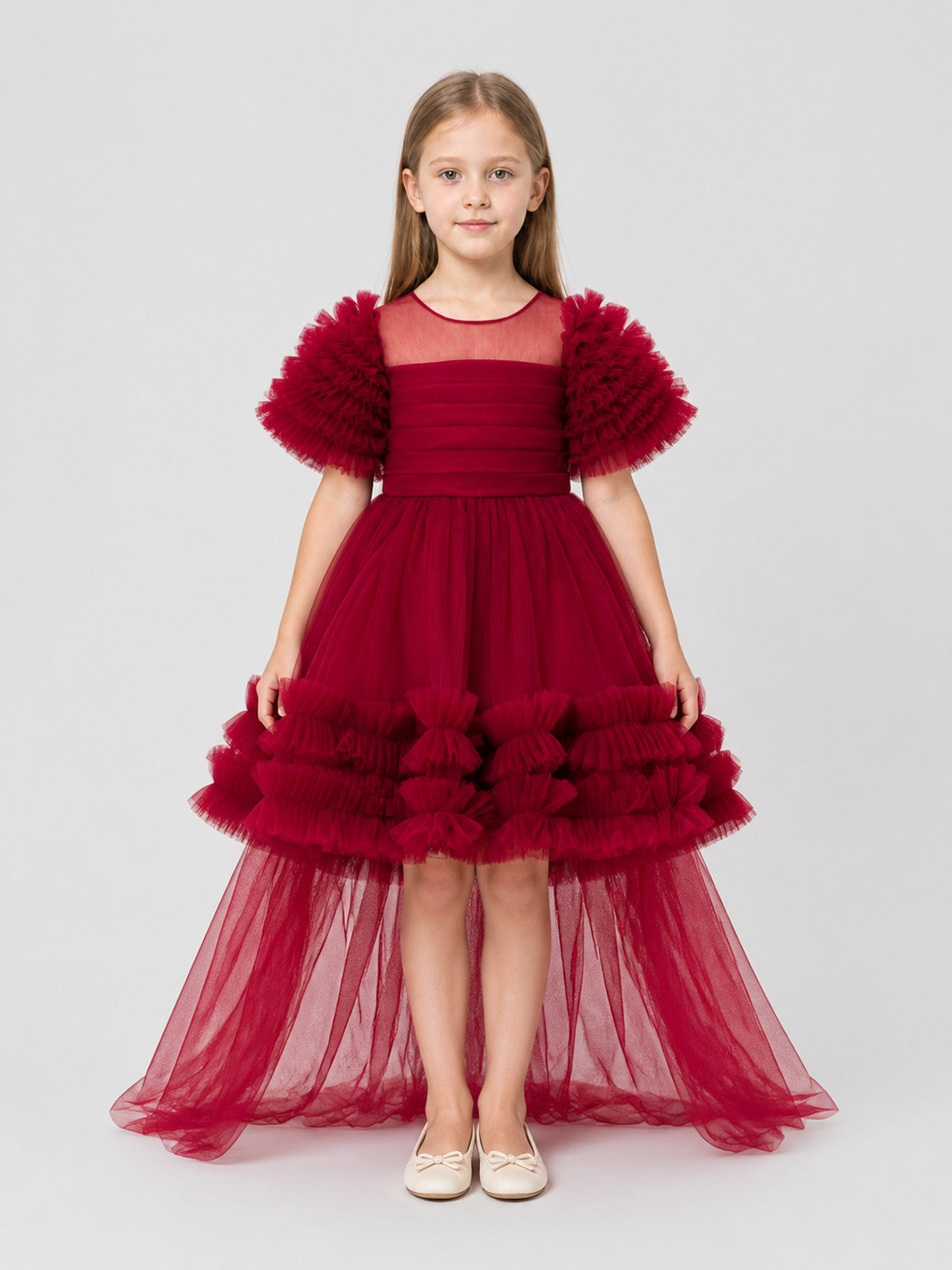Red Princess Dress for Girls with a Long Train on-model view