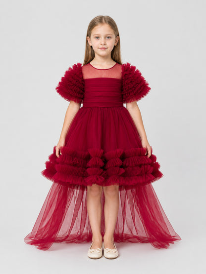 Red Princess Dress for Girls with a Long Train on-model view