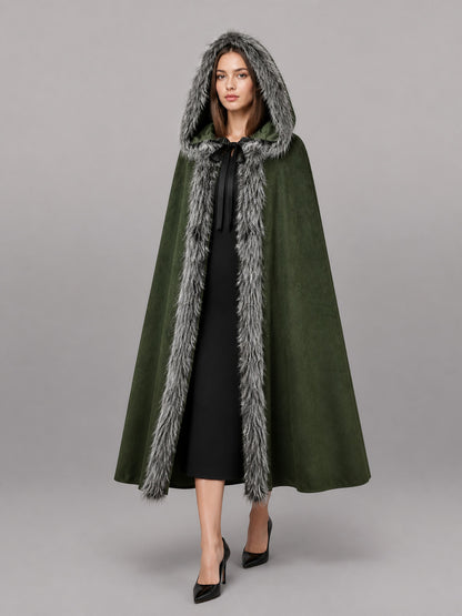 Green hooded cloak with gray fur trim, shown full-length on a model over a black dress