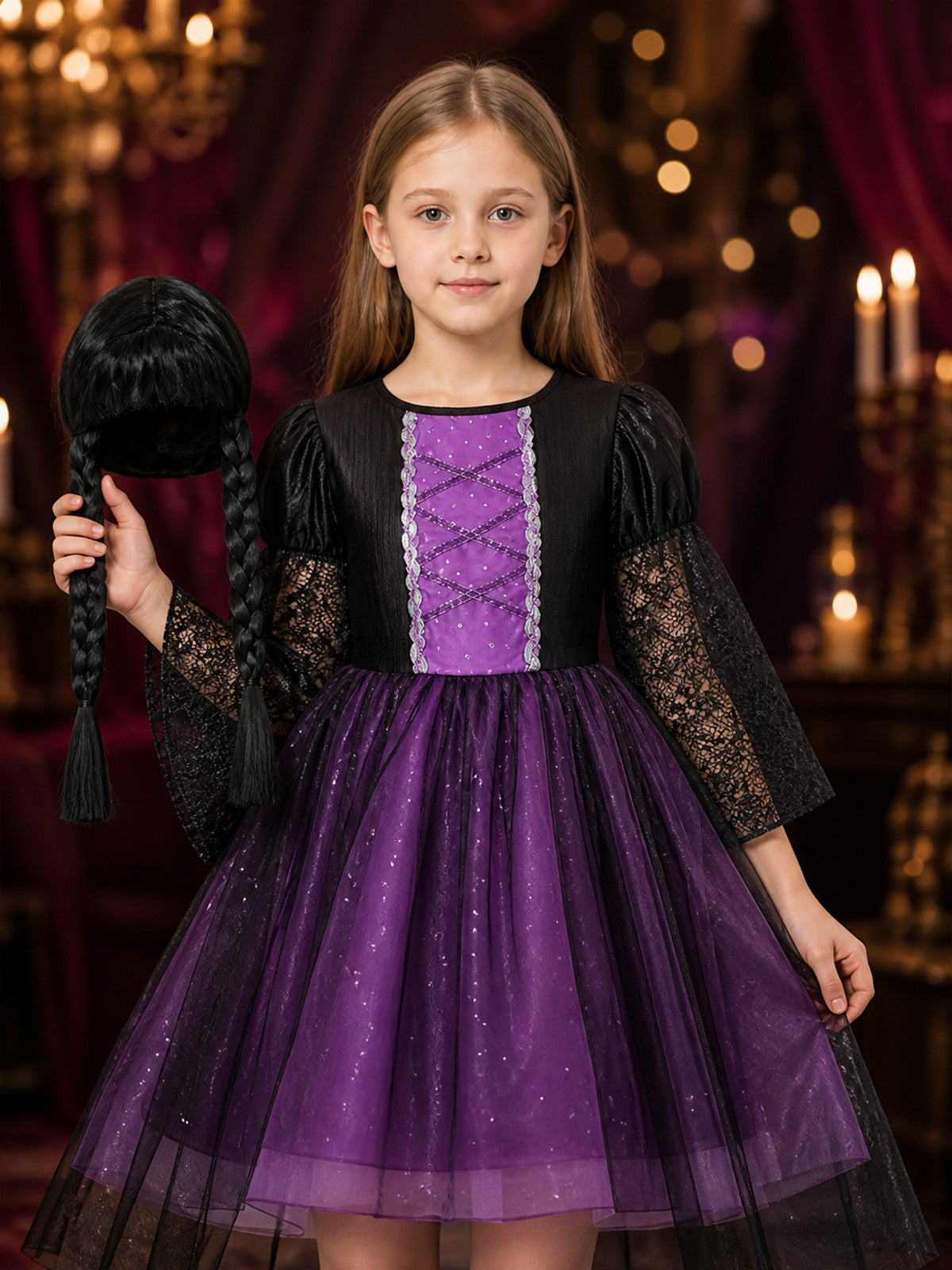 Girls Gothic Witch Vampire Halloween Costume Set - Black Purple Lace Tulle Dress on-model view