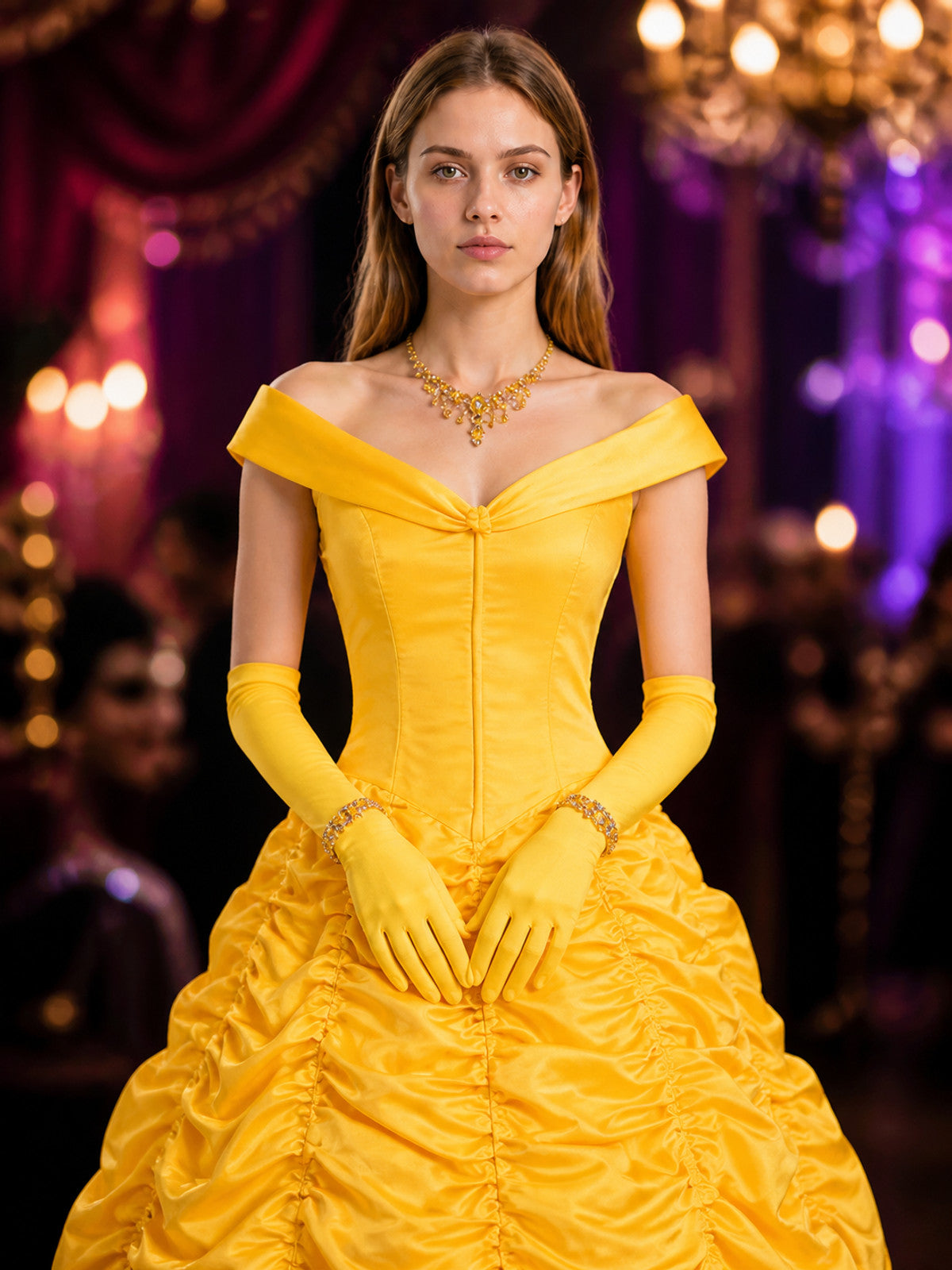 Women's Yellow Princess Costume Dress with Off-Shoulder, Ruffled Skirt, Gloves on-model view