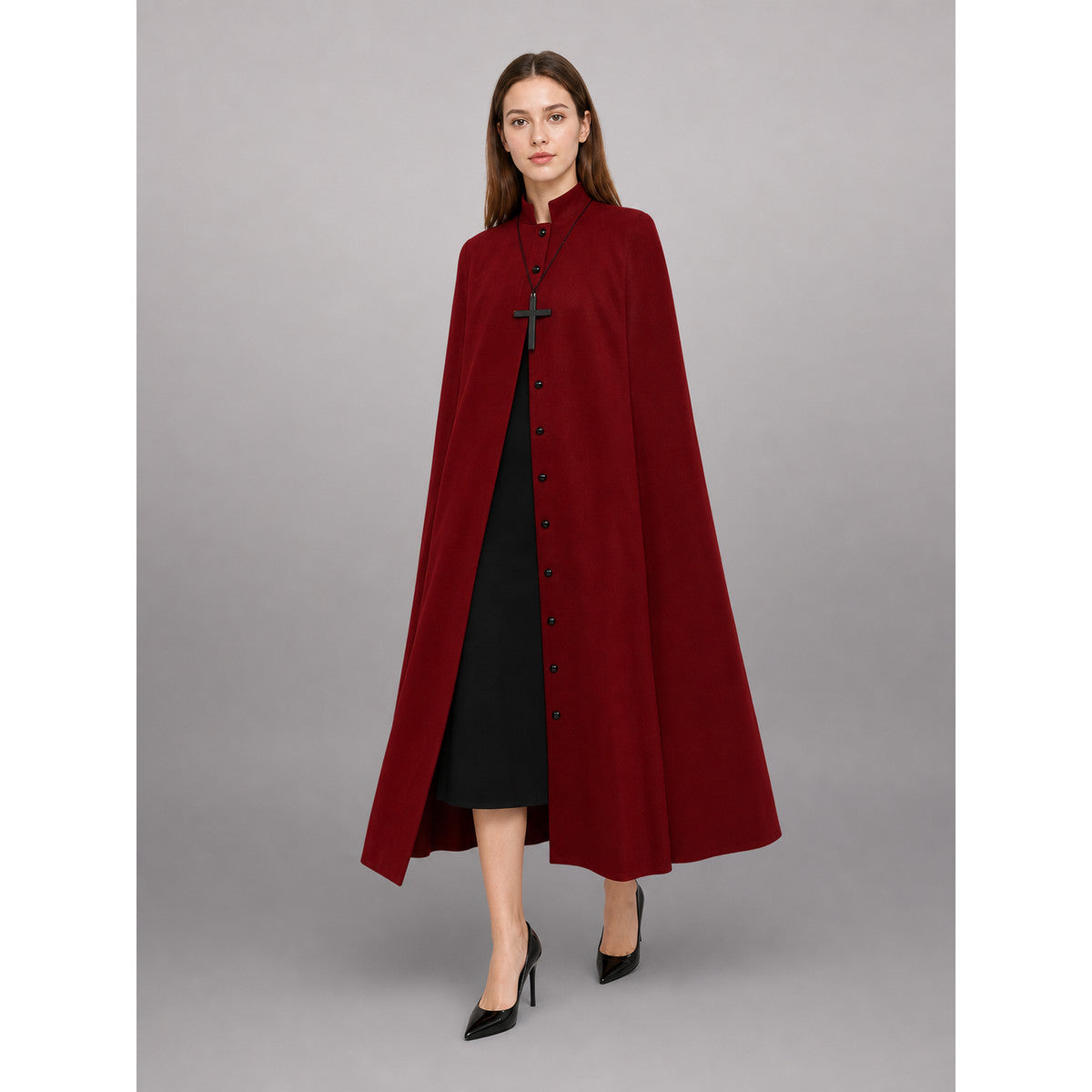 Long Burgundy Cassock with Collar and Buttons front view