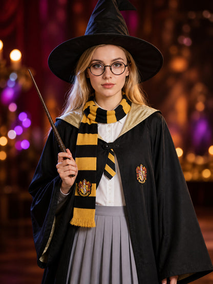 Black And Gold Hooded Wizard Costume Set With Robe, Shirt, Skirt And Accessories on-model view