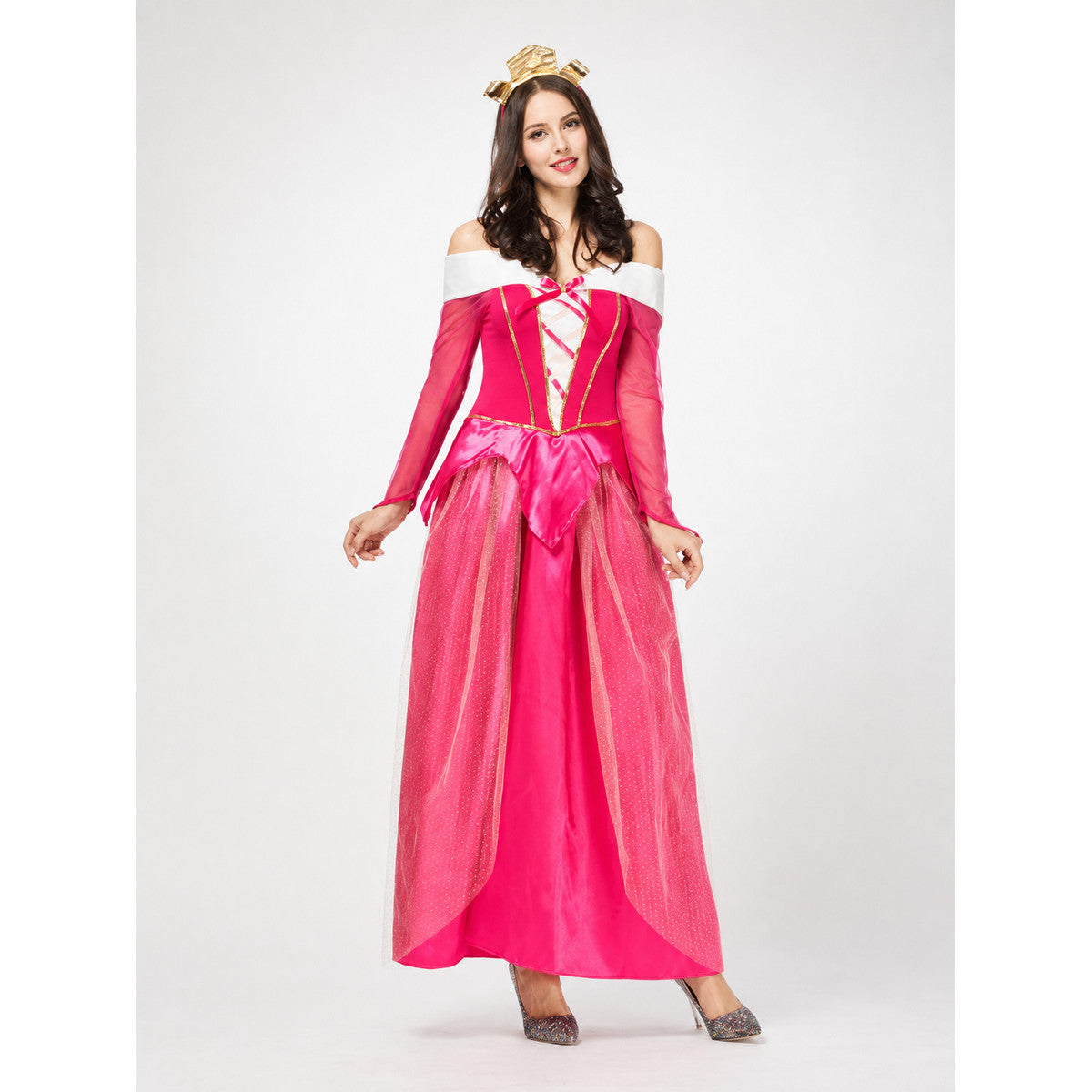 Princess cosplay dress with corset bodice and tiara on-model view