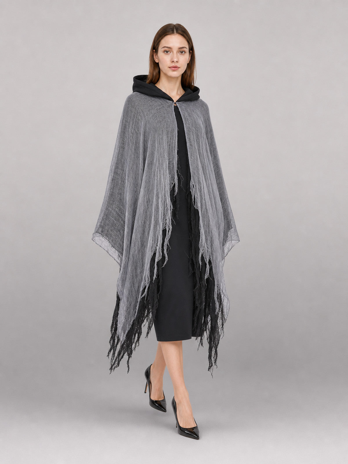 Gray-and-Black Hooded Carnival Cloak front view