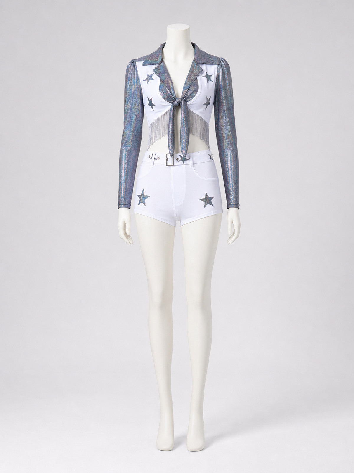 Stage costume: fringed long-sleeve top and shorts on-model view