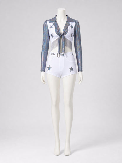 Stage costume: fringed long-sleeve top and shorts on-model view