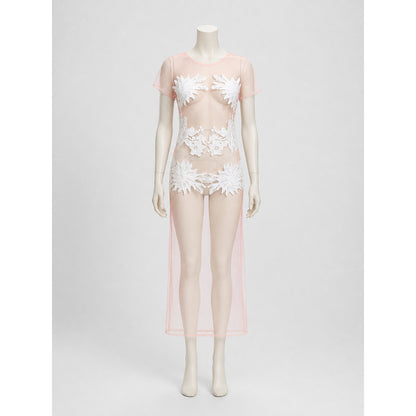 Sheer Floral Bodysuit with Long Draped Detail, M-XL on-model view