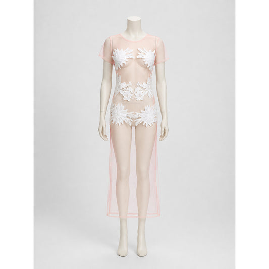Sheer Floral Bodysuit with Long Draped Detail, M-XL on-model view