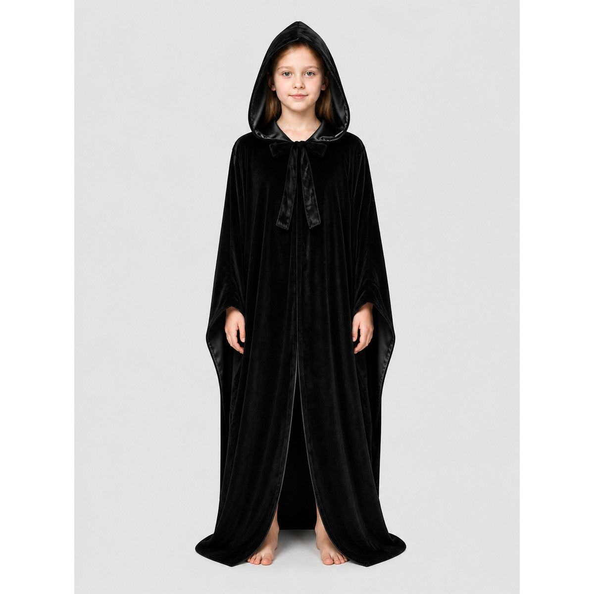 Black Hooded Halloween Cloak, Long and Loose-Fitting on-model view