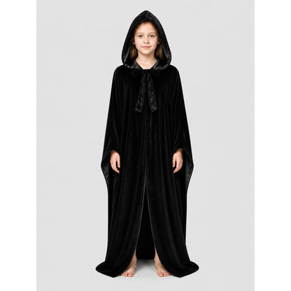 Black Hooded Halloween Cloak, Long and Loose-Fitting on-model view