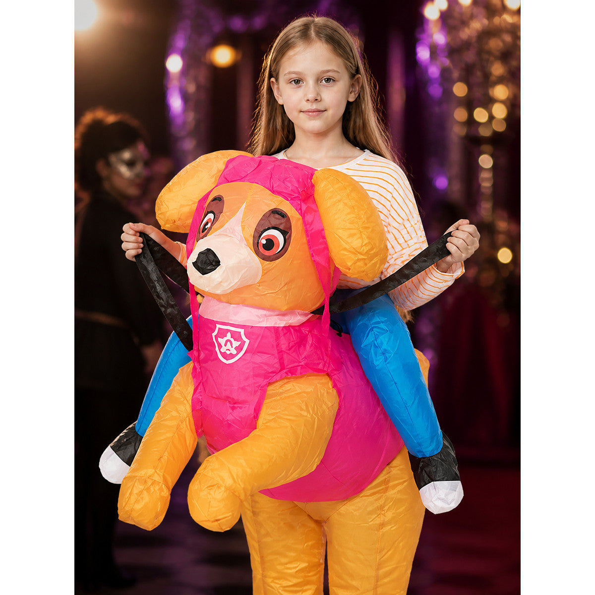 Cartoon Dog Inflatable Bodysuit, Orange Yellow with Pink Vest - Funny Halloween on-model view