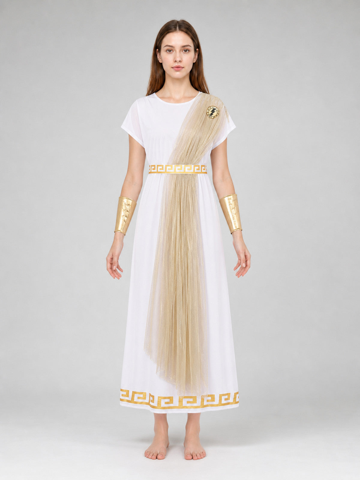 Greek-style costume designed as a classic draped garment with decorative front view