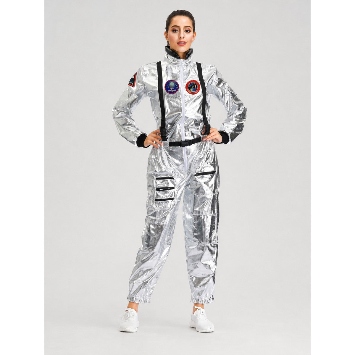 Silver Astronaut Costume with Pockets and Patches