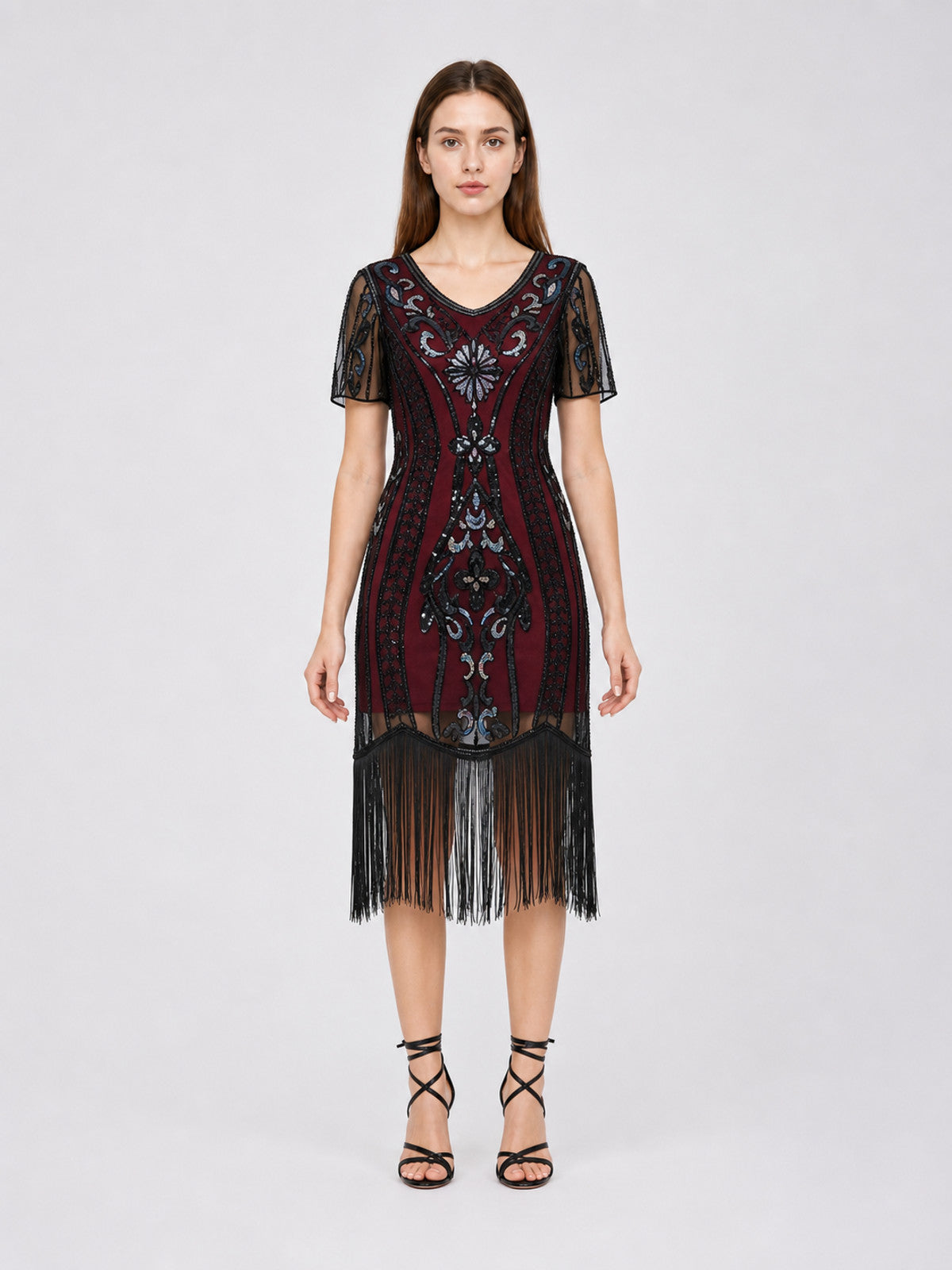 1920s-Style Evening Dress with Fringe and Sequins