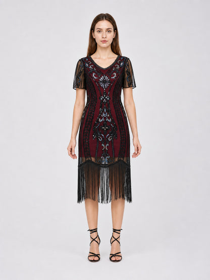 1920s-Style Evening Dress with Fringe and Sequins