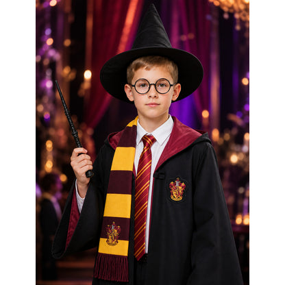 Kids Long Hooded Wizard Robe Costume Set with Red & Yellow Striped Scarf & Tie on-model view
