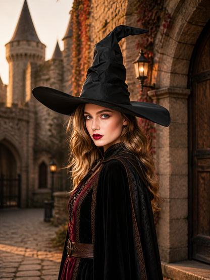 Black Halloween Witch Hat Wide Brim Pointed Wizard Hat Ruched Asymmetrical Brim
