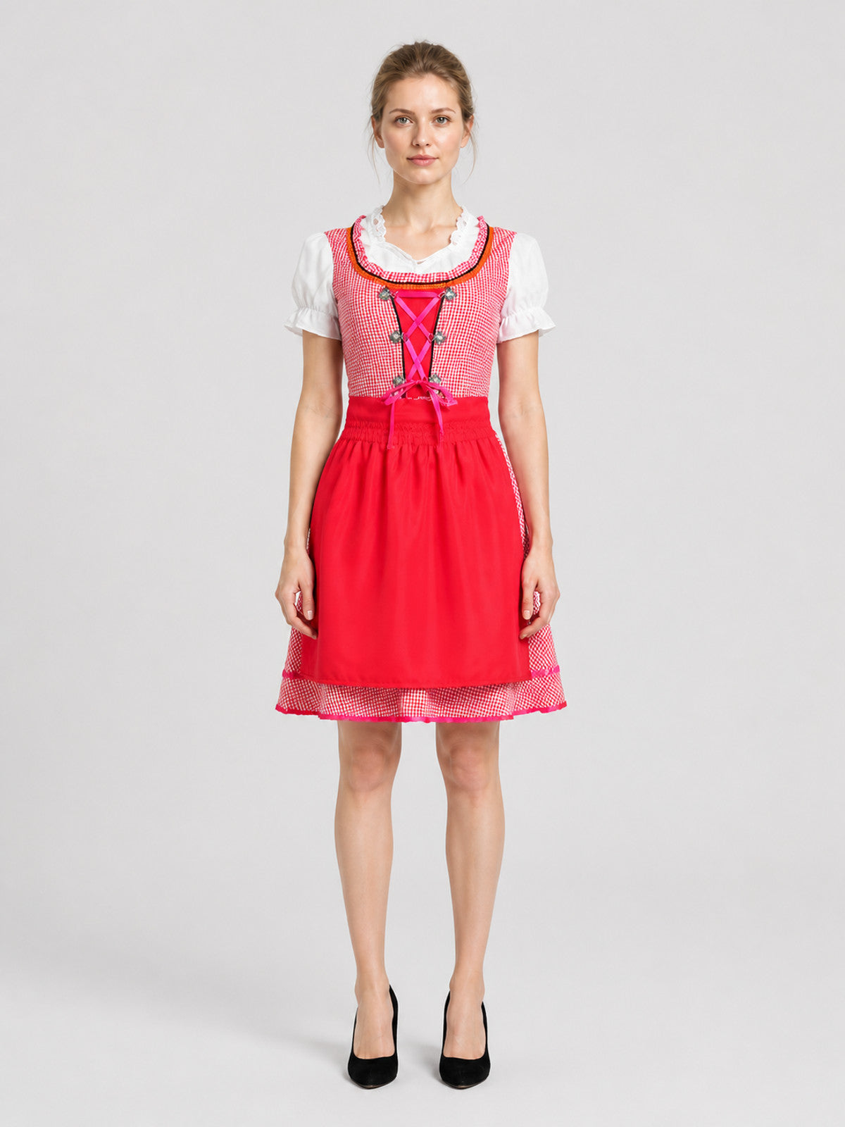 Bavarian Traditional Dress, Red Plaid, with Apron on-model view