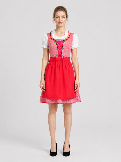 Bavarian Traditional Dress, Red Plaid, with Apron on-model view