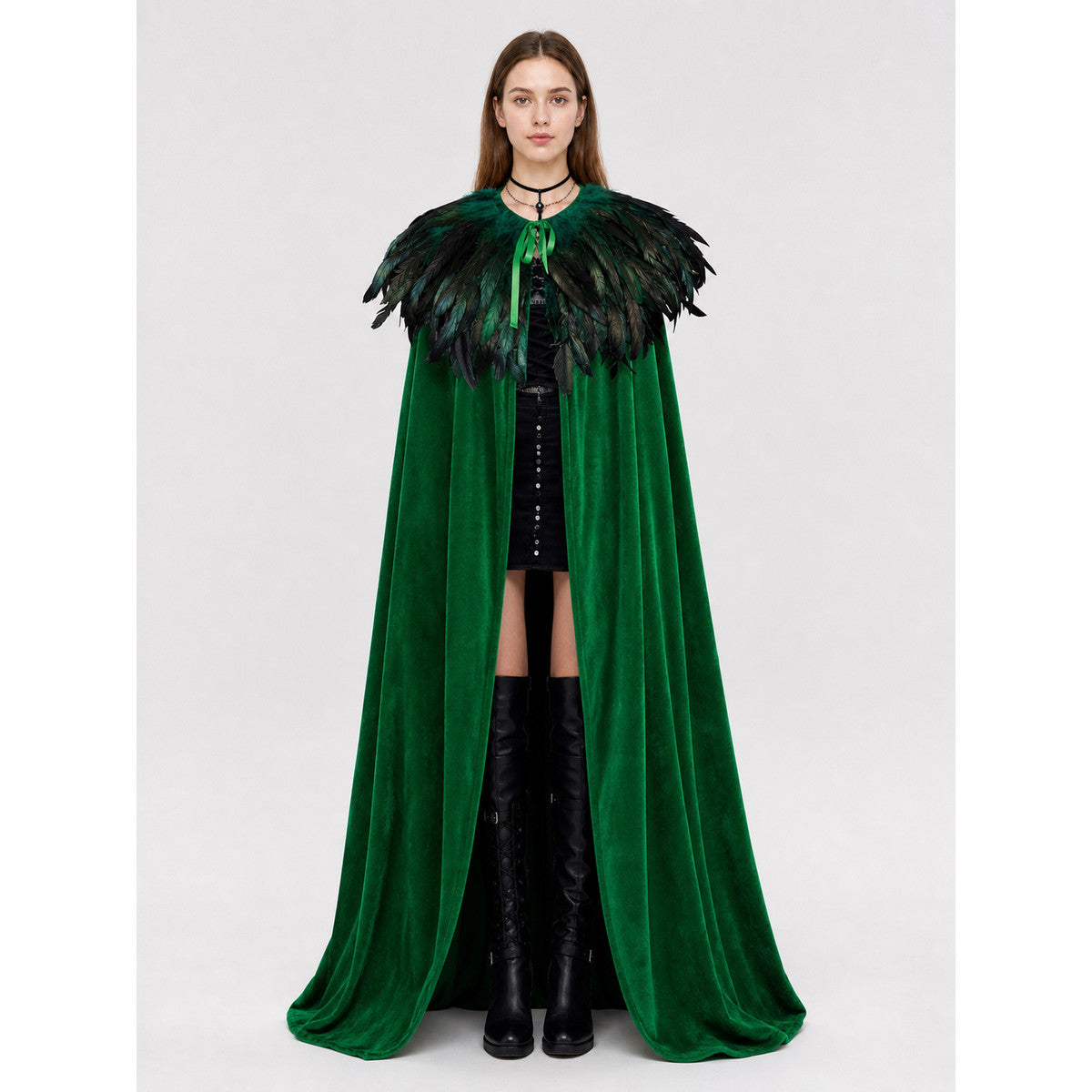 Green Carnival Cloak with Feather Trim