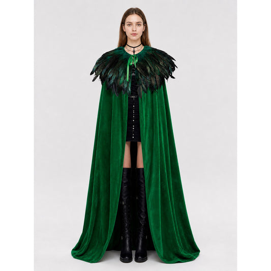 Green Carnival Cloak with Feather Trim