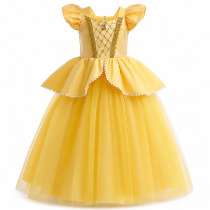 Girls Belle Princess Dress Beauty and the Beast Sequin Tulle Gown Kids Birthday Halloween Cosplay Party Dress - Color:A